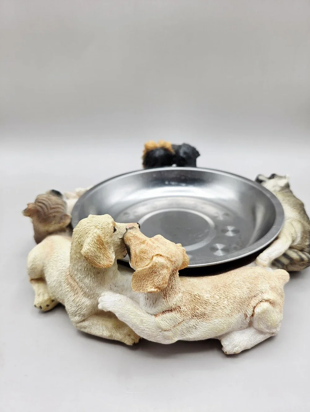 Dog Bowl Holder with 6 Different Dogs & Stainless Steel Dish in Center